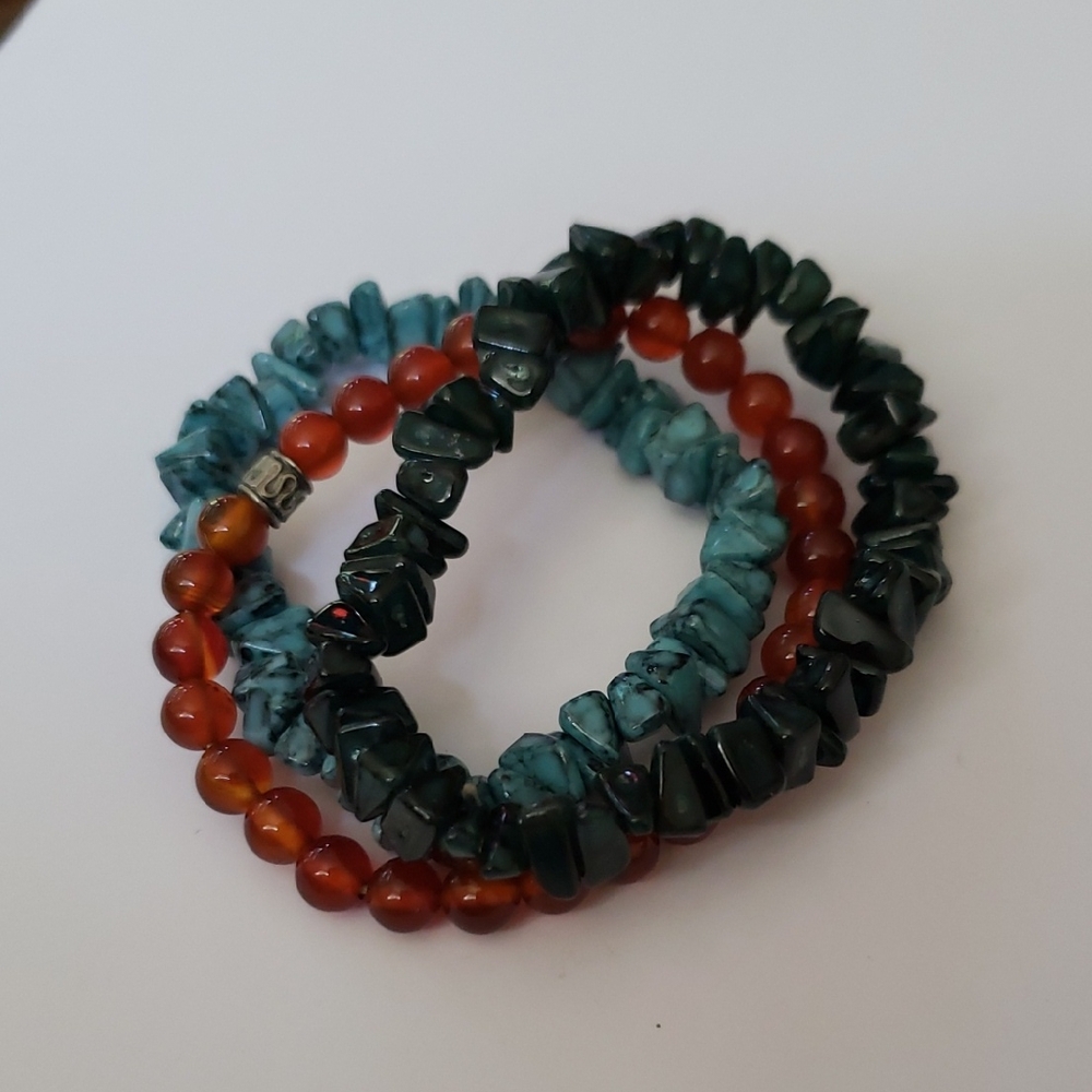 Beaded Bracelet Set -  Dark Green, Turquoise Blue and Red Glass